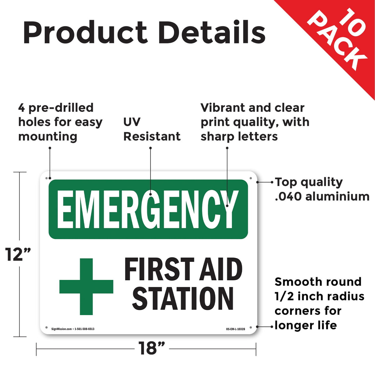 First Aid Station OSHA Emergency Aluminum Sign 18 Inch x 12 Inch - 10 Pack