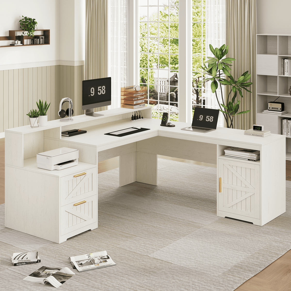 63" Farmhouse L Shaped Executive Desk with Drawers & Storage Shelf, Corner Computer Desk with Power Outlets, L Shaped Office Desk with Monitor Stand, Printer Shelf, White