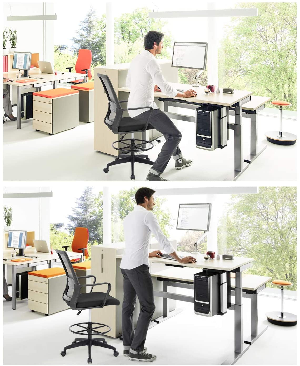 BestOffice Tall Drafting Office Chair, Lumbar Support, Adjustable Arms, Swivel Rolling for Adults(Black)
