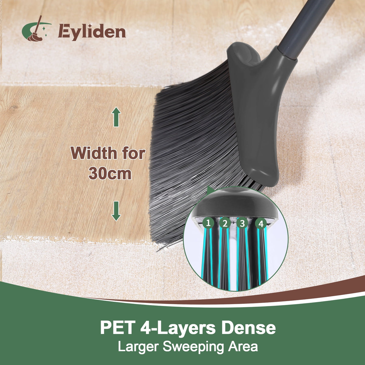 Eyliden Thicker Broom and Dustpan Set for Home with 54in Long Handle and Teeth Brush, Grey