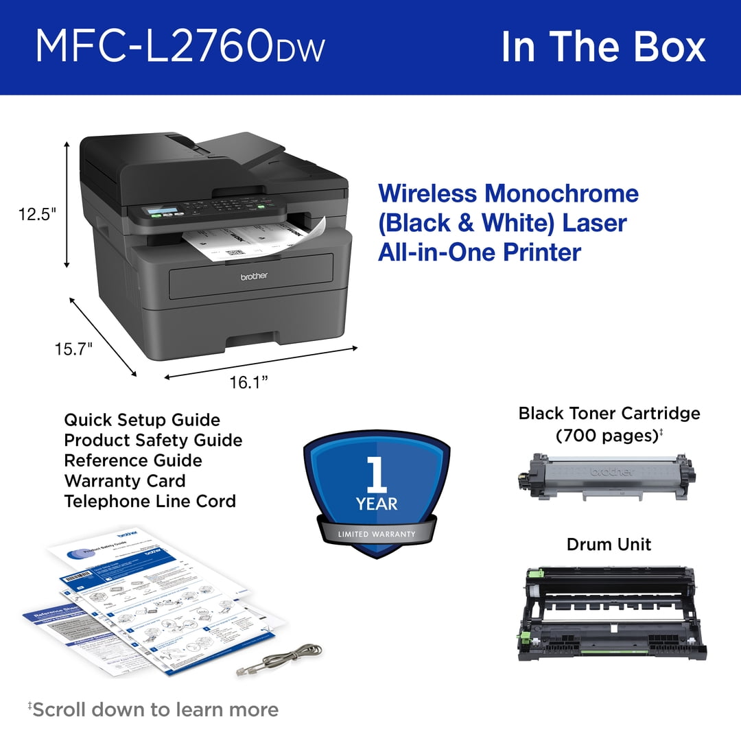 Brother Wireless MFC-L2760DW Compact Monochrome All-in-One Laser Printer with Copy, Scan and Fax, Duplex and Mobile Printing