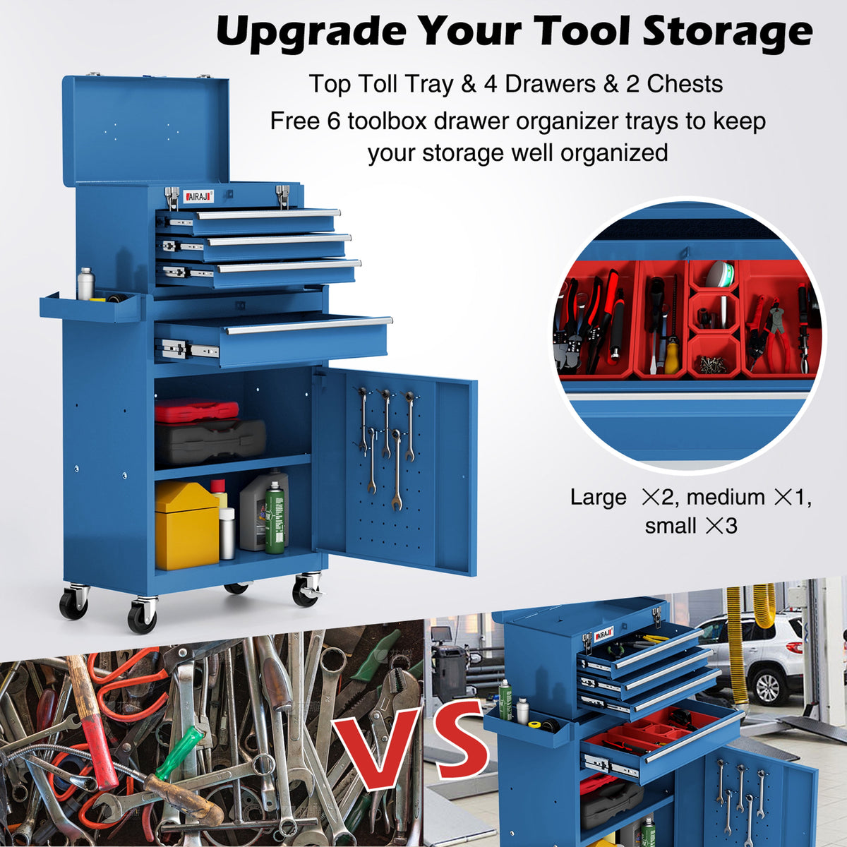 AIRAJ Blue 40" 3-Drawer Rolling Tool Chest | Single Door Metal Workshop Tool Cabinet on Wheels
