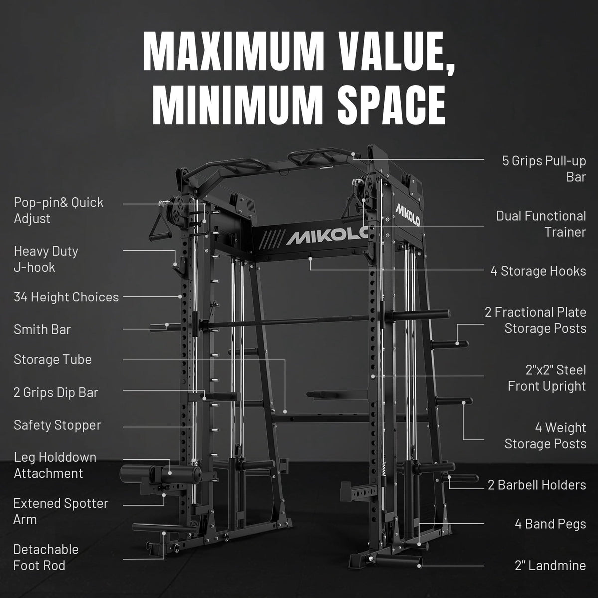Mikolo M11 Smith Machine Home Gym, 2200LBS Power Rack with Functional Trainer, Cable Crossover, LAT Pulldown, Low Row, Landmine and Plate Storage for Full Body Strength Training