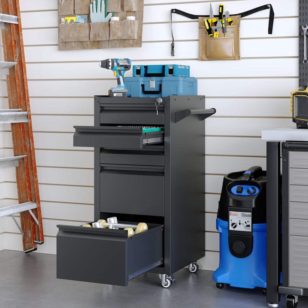 Fesbos 5-Drawer Rolling Tool Chest, Lockable Metal Cabinet with Wheels & Ball-Bearing Slides, Industrial Mobile Tool Storage Cart for Garage, Workshop, Mechanic