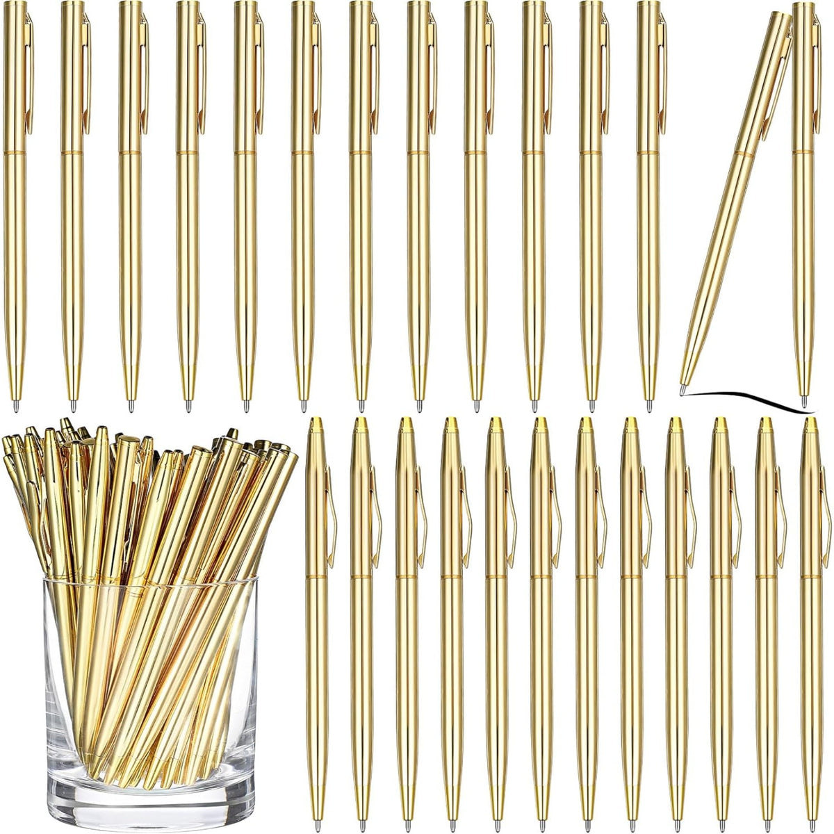 Qianfeng 25 Pack Bulk Gold Pens (2 Styles) Retractable Ballpoint Pens with Black Ink, 1.0mm Tip, Ideal for Wedding Favors and Office Business Use