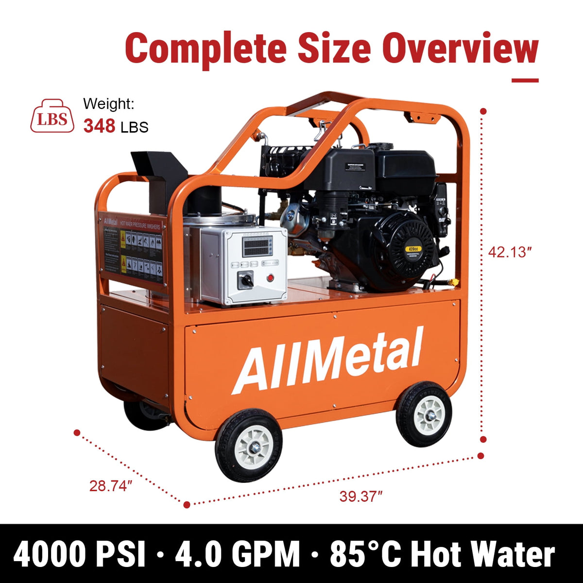 4000 PSI Hot Water Pressure Washer, 4.0 GPM, 420cc Gas Engine with AR Pump, Commercial Heavy-Duty Power Washer for Trucks, Machinery, Concrete, Industrial Grease Removal