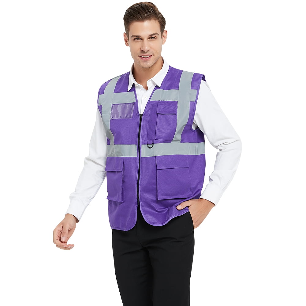 GOGO 5 Pockets High Visibility Safety Vest with Reflective Strips, 10 Pack Working Uniform Vest-Purple-3XL