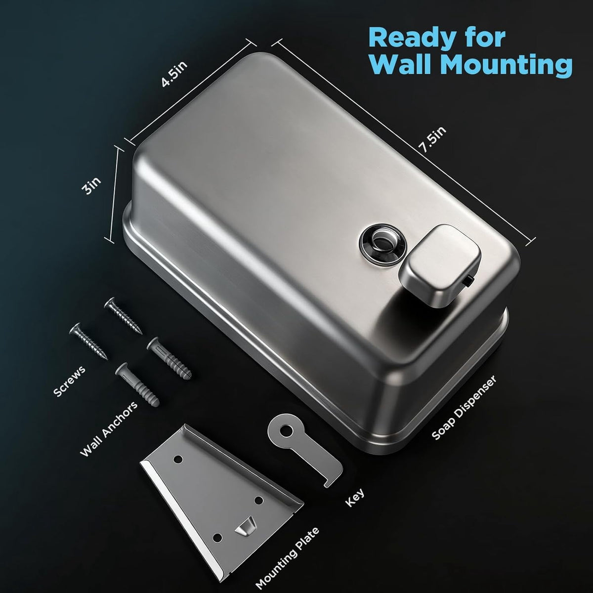 Wall Mounted Soap Dispenser 1100ml/37fl oz, Stainless Steel Commercial Soap Dispenser with Protective Inner Liner, Manual Soap Dispenser with Easy-Press Pump for Bathroom, Kitchen & Restaurant