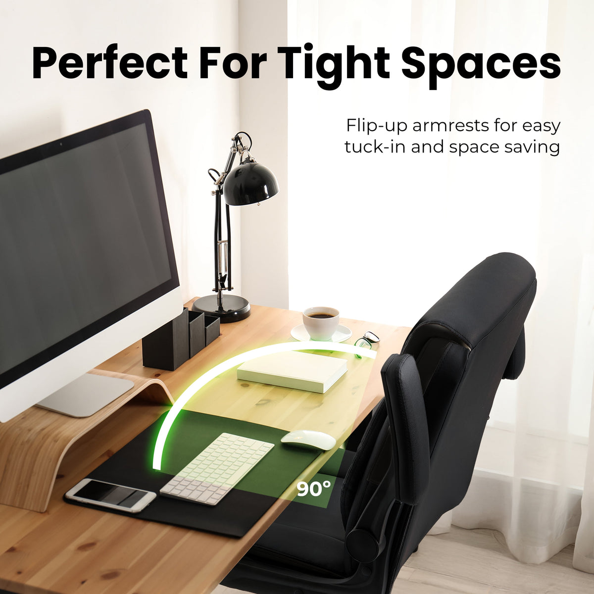 NEO CHAIR Office Desk Computer Chair Ergonomic Executive Mid-Back Leather Gaming Chair with Adjustable Flip-Up Armrests Wheels Swivel for Home Study Task (Jet Black)
