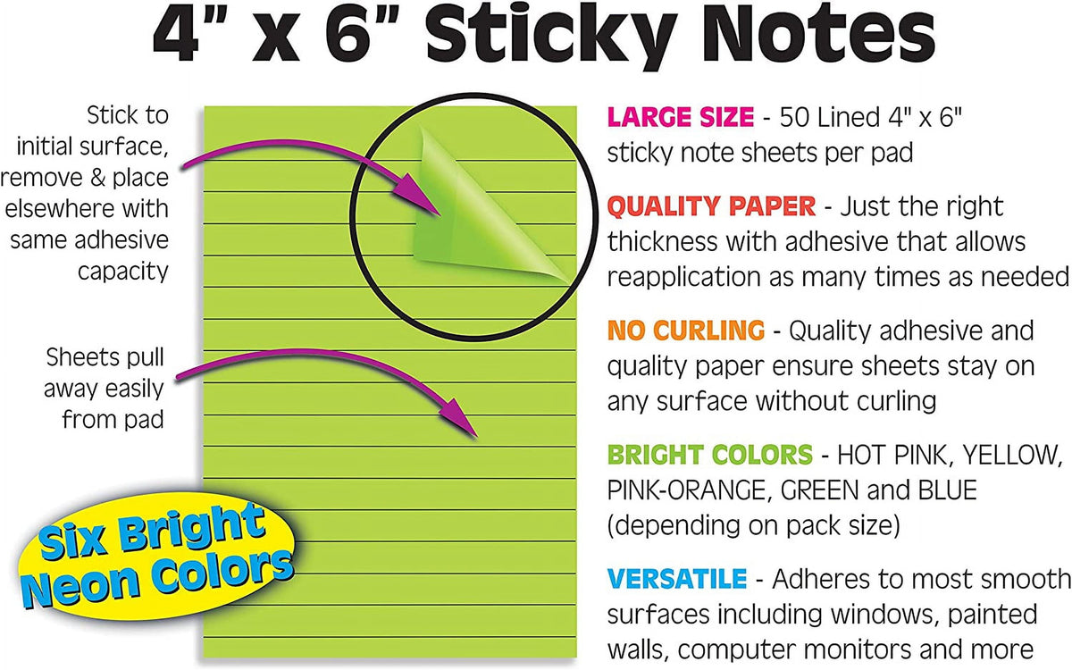 Better Office Products Lined Sticky Notes, 4" x 6", Assorted Colors, 10 Pads