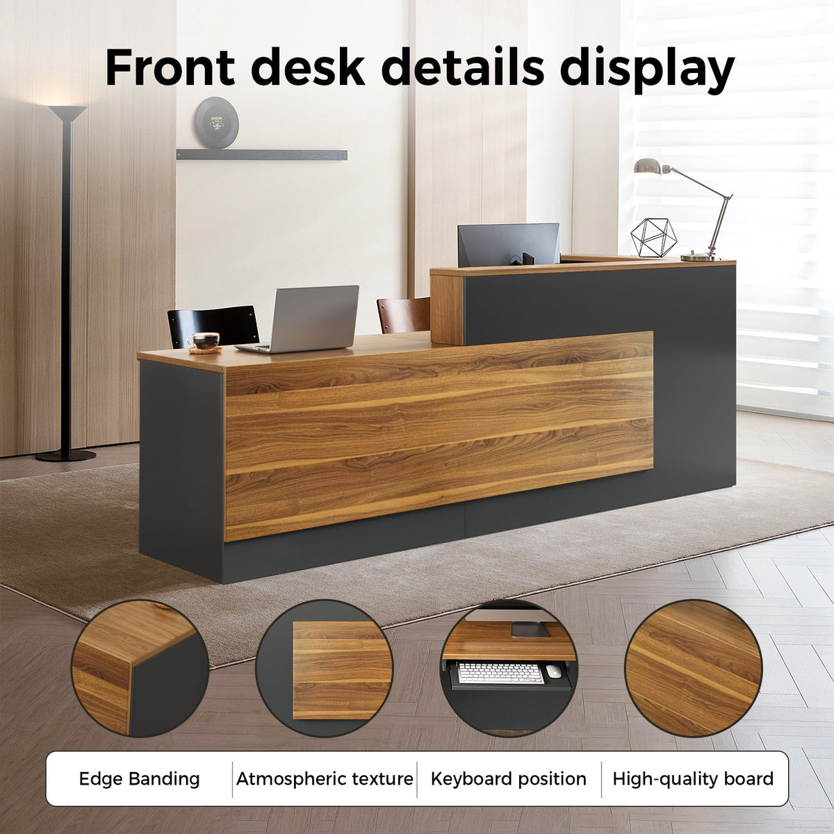 L-Shaped Reception Desk with Lockable Drawers and Storage Shelves, Multi-Functional Computer Desk for Office (Left Hand L-Shaped; Walnut & Iron Gray; 87"Lx 24"W x 41"H)