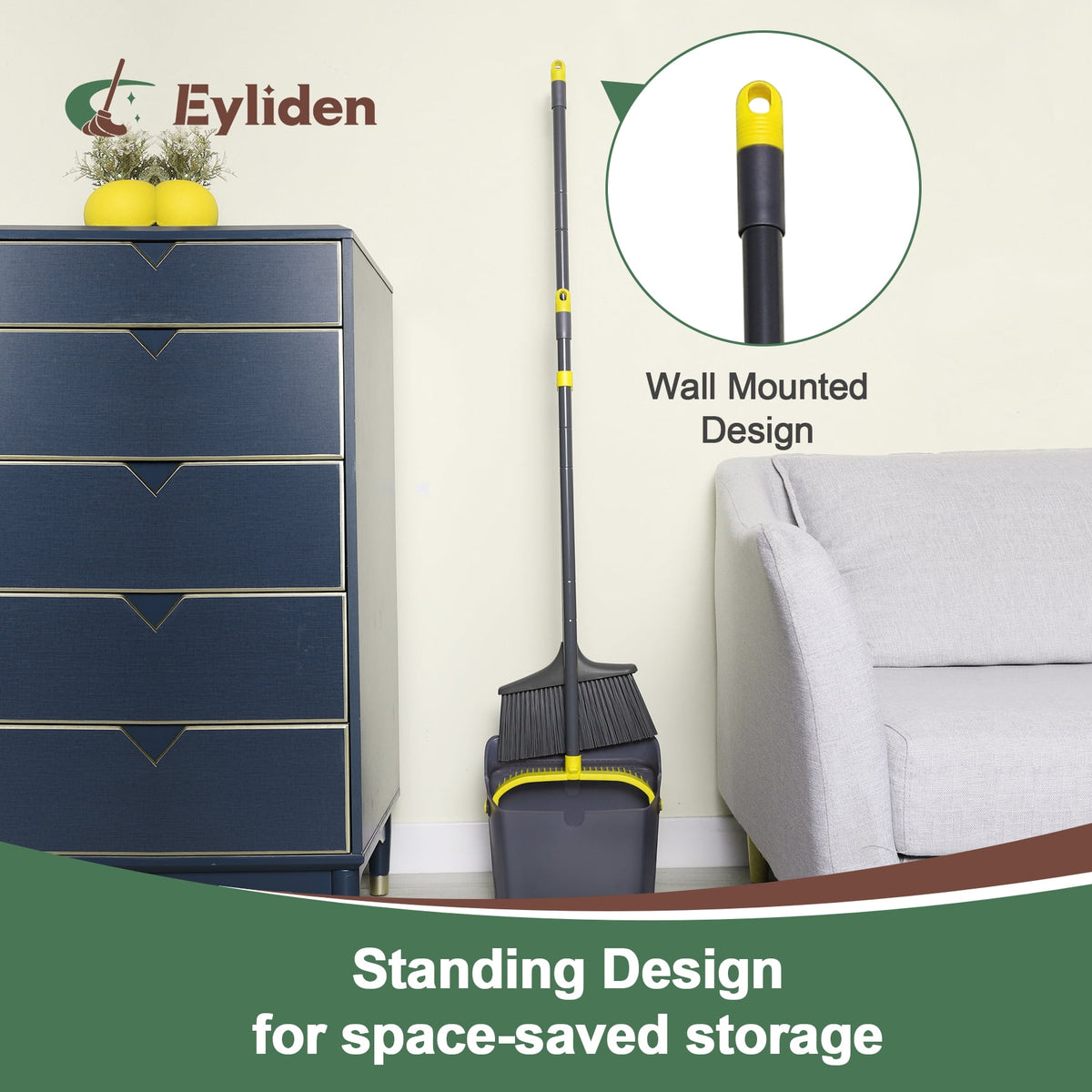 Eyliden Thicker Broom and Dustpan Set for Home with 54in Long Handle and Teeth Brush, Grey