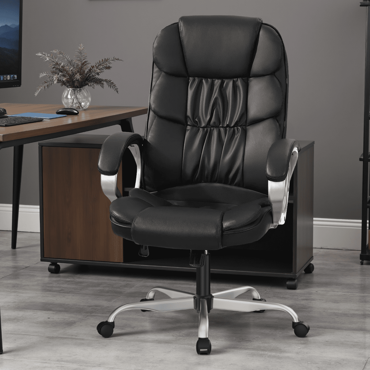 Furmax High Back Office Adjustable Ergonomic Desk Padded Armrests Executive PU Leather Swivel Task Chair with Lumbar Support, Black
