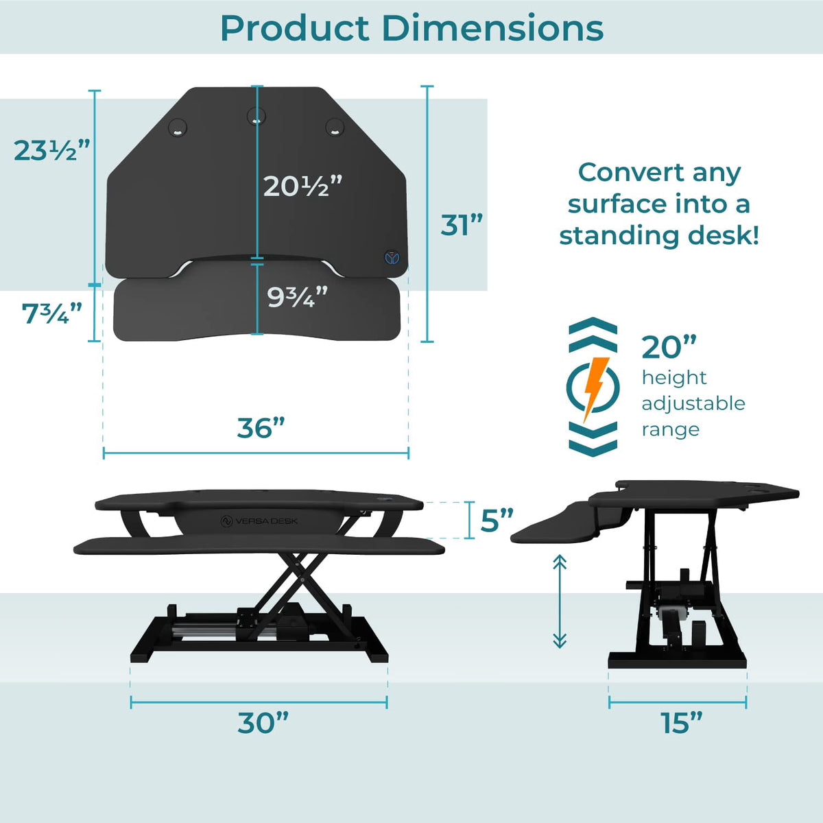 VersaDesk PowerPro Smart Corner Electric Standing Desk Converter - Steel & MDF, 2-Tier Sit-Stand, Programmable Height | Black, 36
