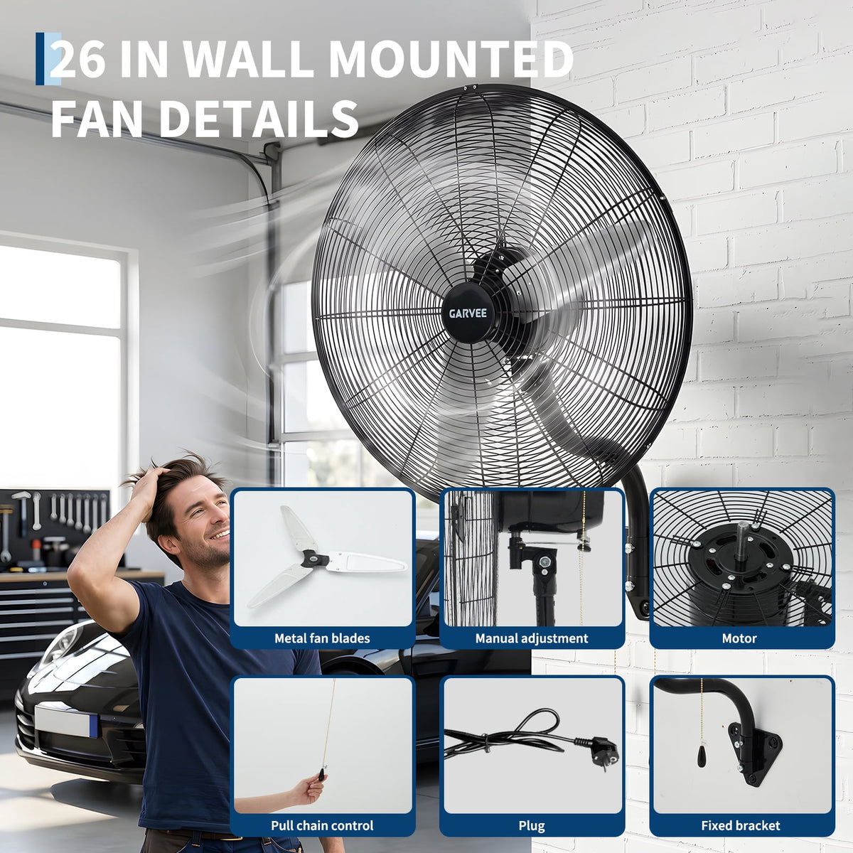 Wall Mount Fan 26 Inch High Velocity Industrial Oscillating with Dual Pull Cord, 4900CFM Heavy Duty Metal Fan 3 Speeds for Garage Workshop Patio
