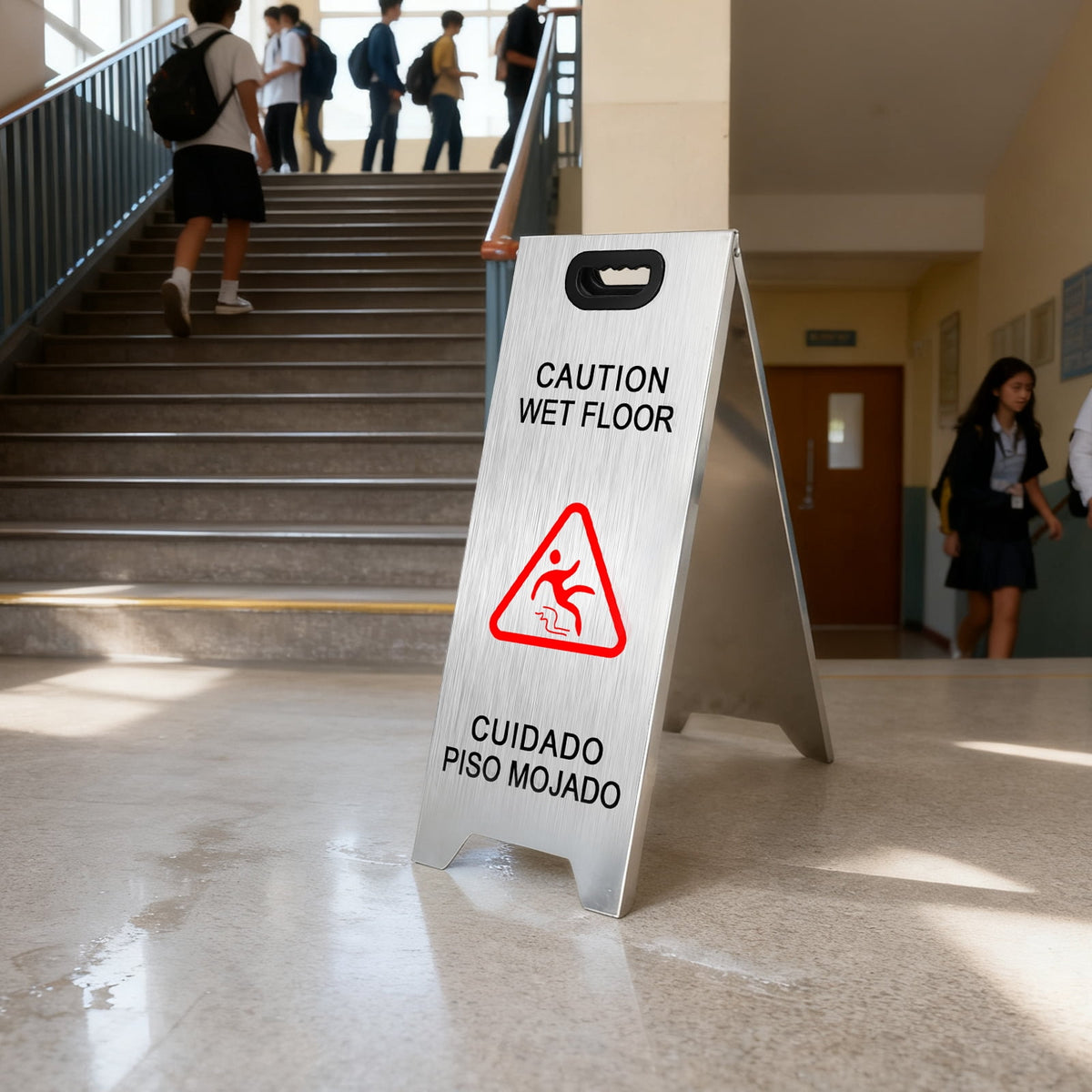 2 Pack Stainless Steel Wet Floor Sign, 24 Inch Caution Wet Floor Sign Portable Foldable Bilingual Safety Warning for Hotel Market Restroom Restaurant Office (Silver)