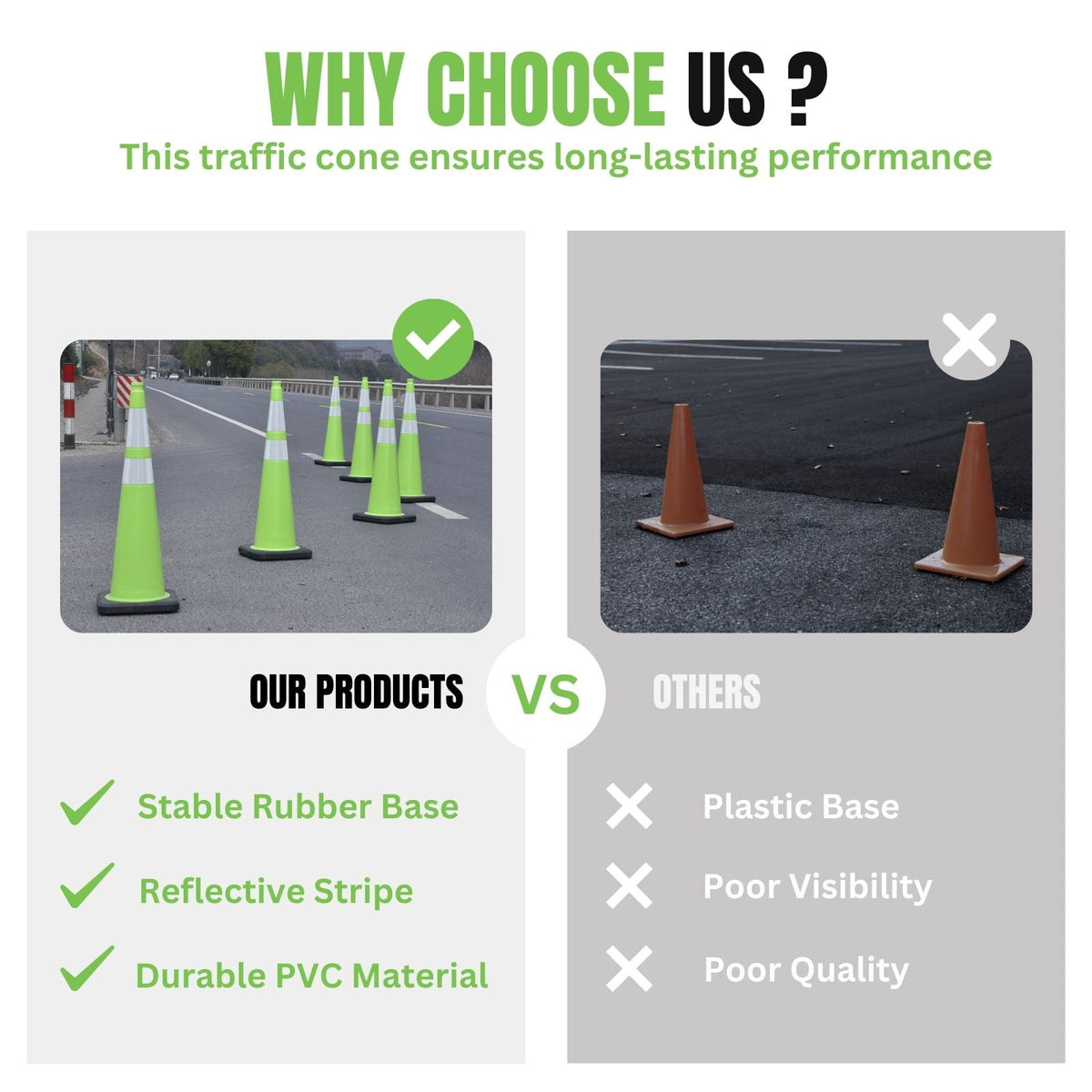BESEA 36'' Inch PVC Traffic Cone, 6 Pack Road Safety Cones with Black Rubber Base and Reflective Stripes