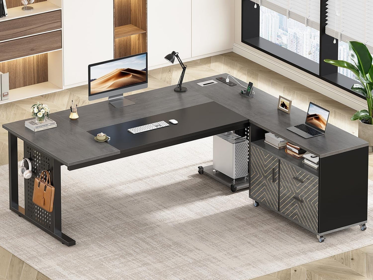 SEDETA 71" Executive Desk with Rolling File Cabinet, Large Office Desk with Drawers, L Shaped Computer Desk with Power Outlets, CPU Stand, Pegboard and Storage Shelves, Walnut