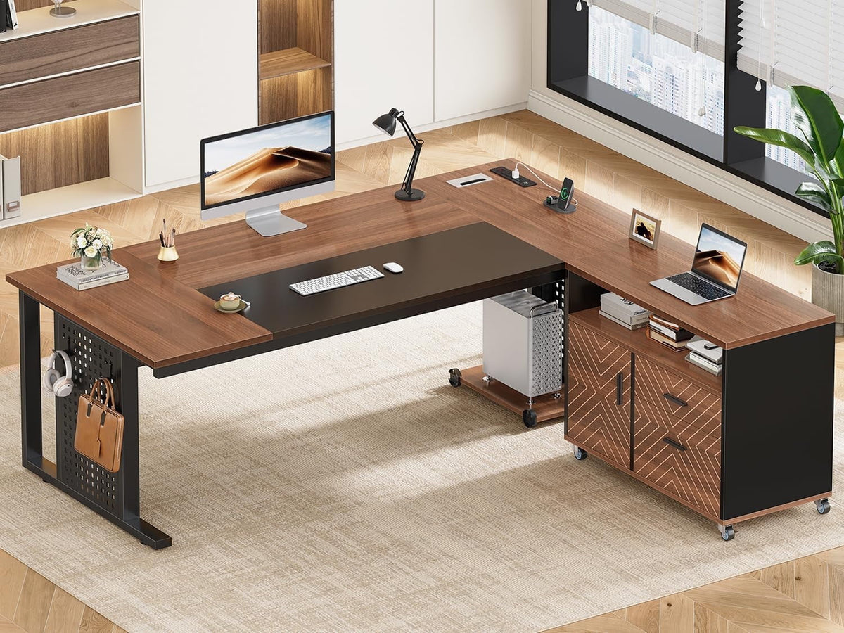 SEDETA 71" Executive Desk with Rolling File Cabinet, Large Office Desk with Drawers, L Shaped Computer Desk with Power Outlets, CPU Stand, Pegboard and Storage Shelves, Walnut