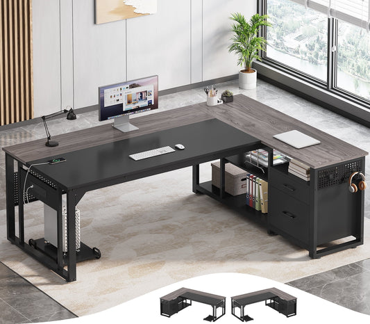 71" Executive Desk with Power Outlets, Modern L Shaped Office Desk with File Drawers and Pegboard, Large Computer Desk, Gray