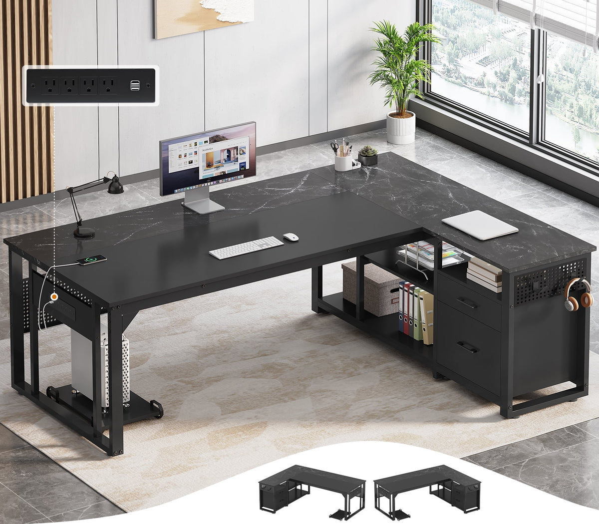 71" Executive Desk with Power Outlets, Modern L Shaped Office Desk with File Drawers and Pegboard, Large Computer Desk, Gray