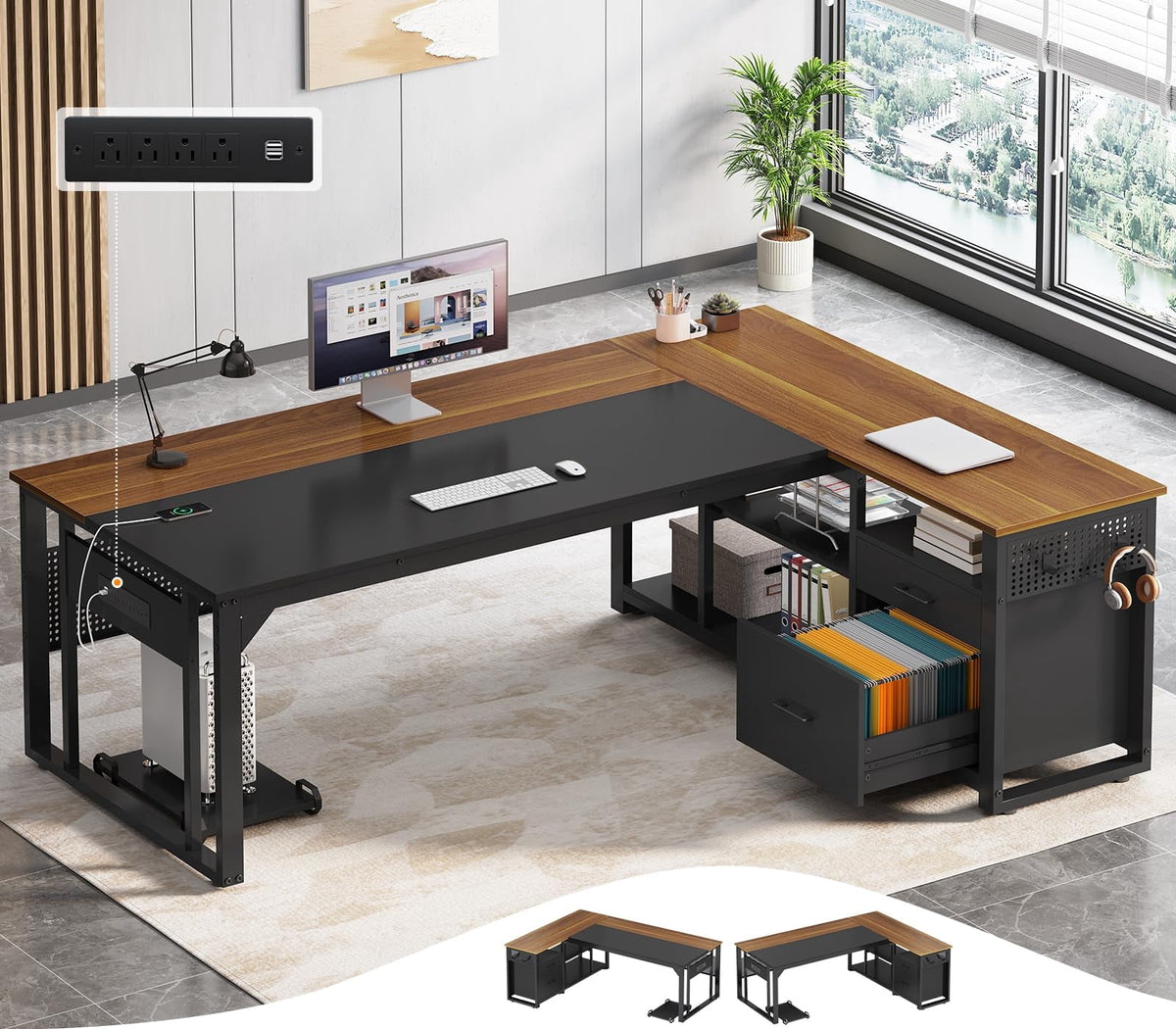 71" Executive Desk with Power Outlets, Modern L Shaped Office Desk with File Drawers and Pegboard, Large Computer Desk, Gray