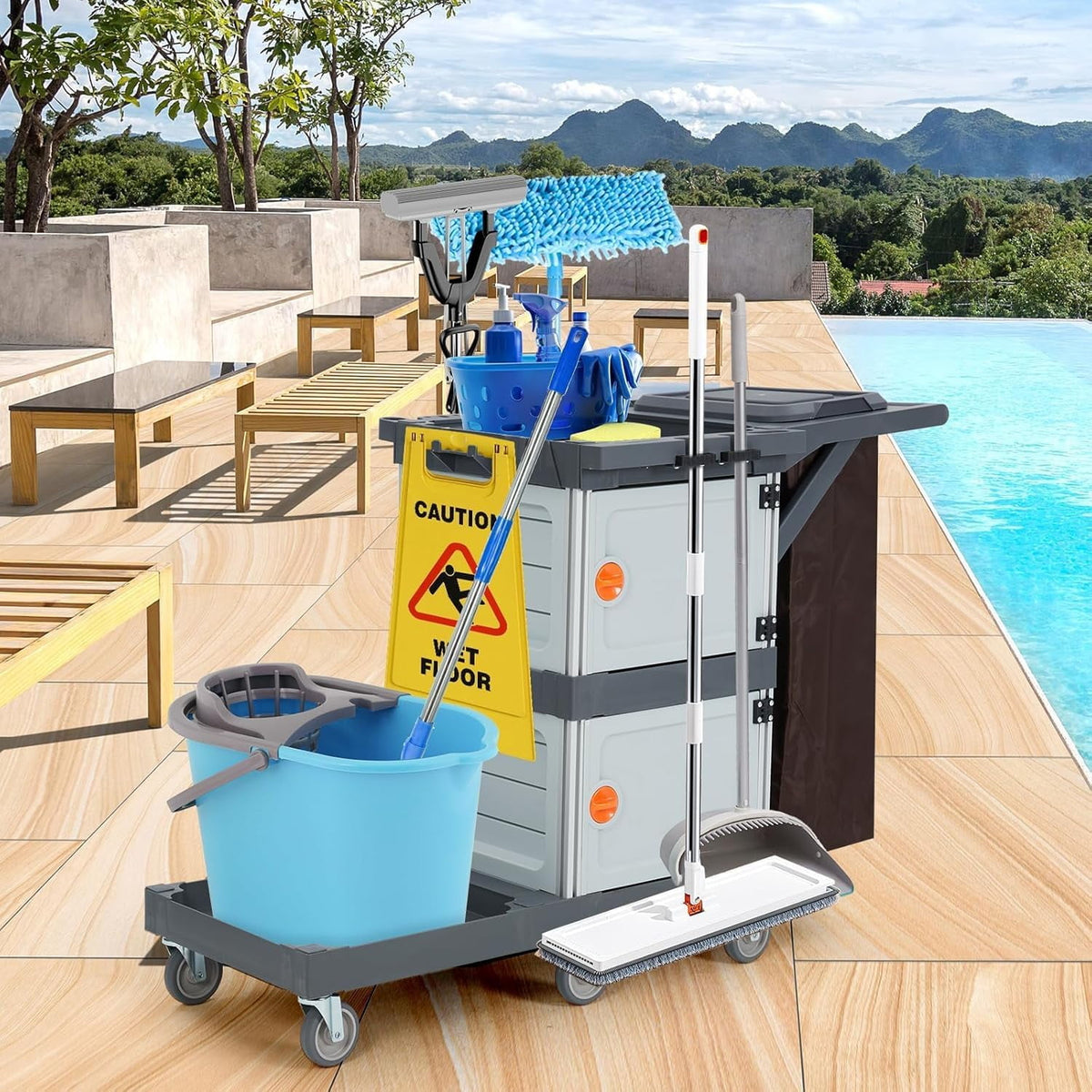 IdeaHouse Janitorial Cart with 2 Cabinets, 3-Shelf Commercial Cleaning Cart on Wheels with Cover & Vinyl Bag, Silent Casters, Heavy-Duty Housekeeping & Custodial Utility Cart