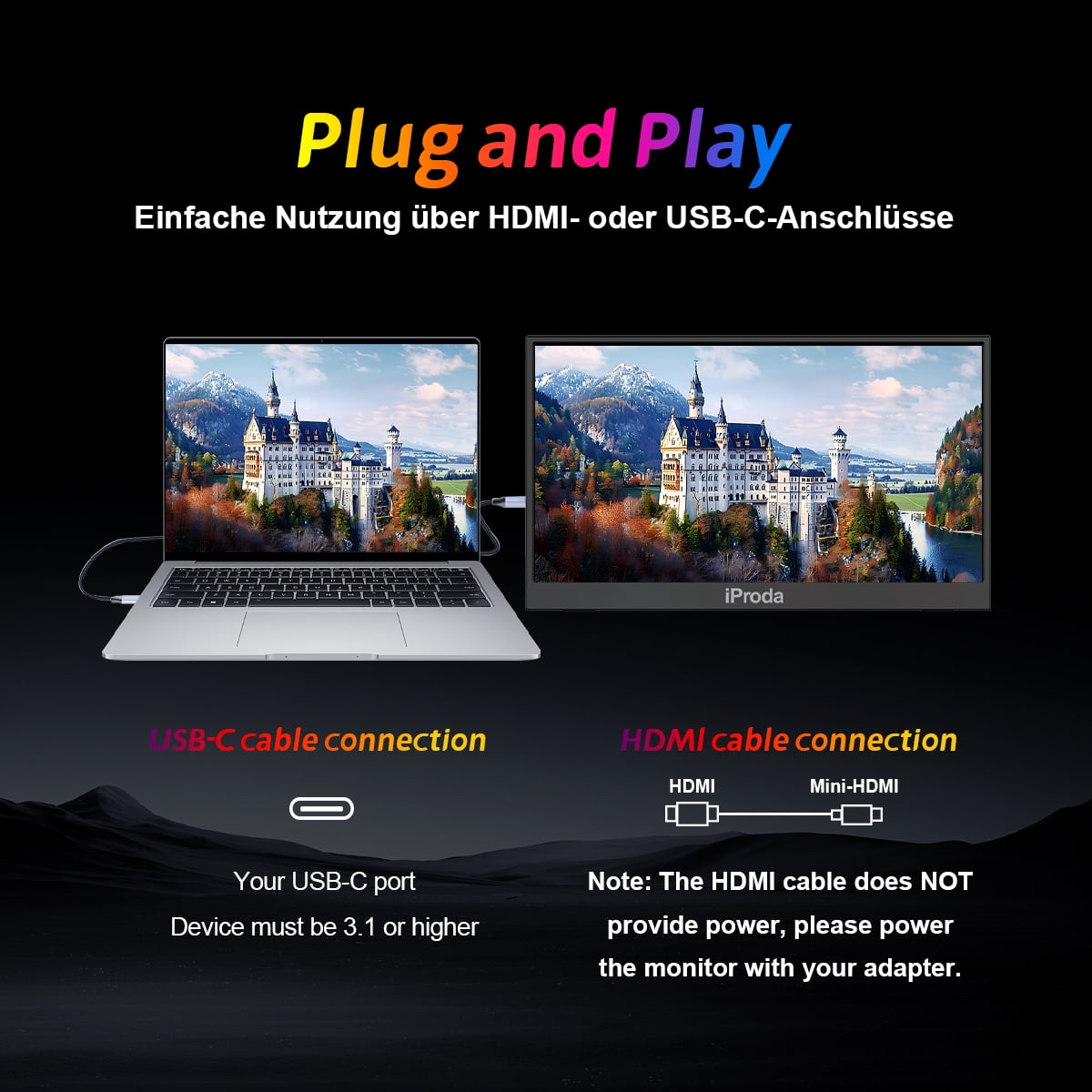Iproda 15.6"Ptotable Monitor 1920* 1080P FHD IPS 60Hz Computer Monitor with Smart Case, Black