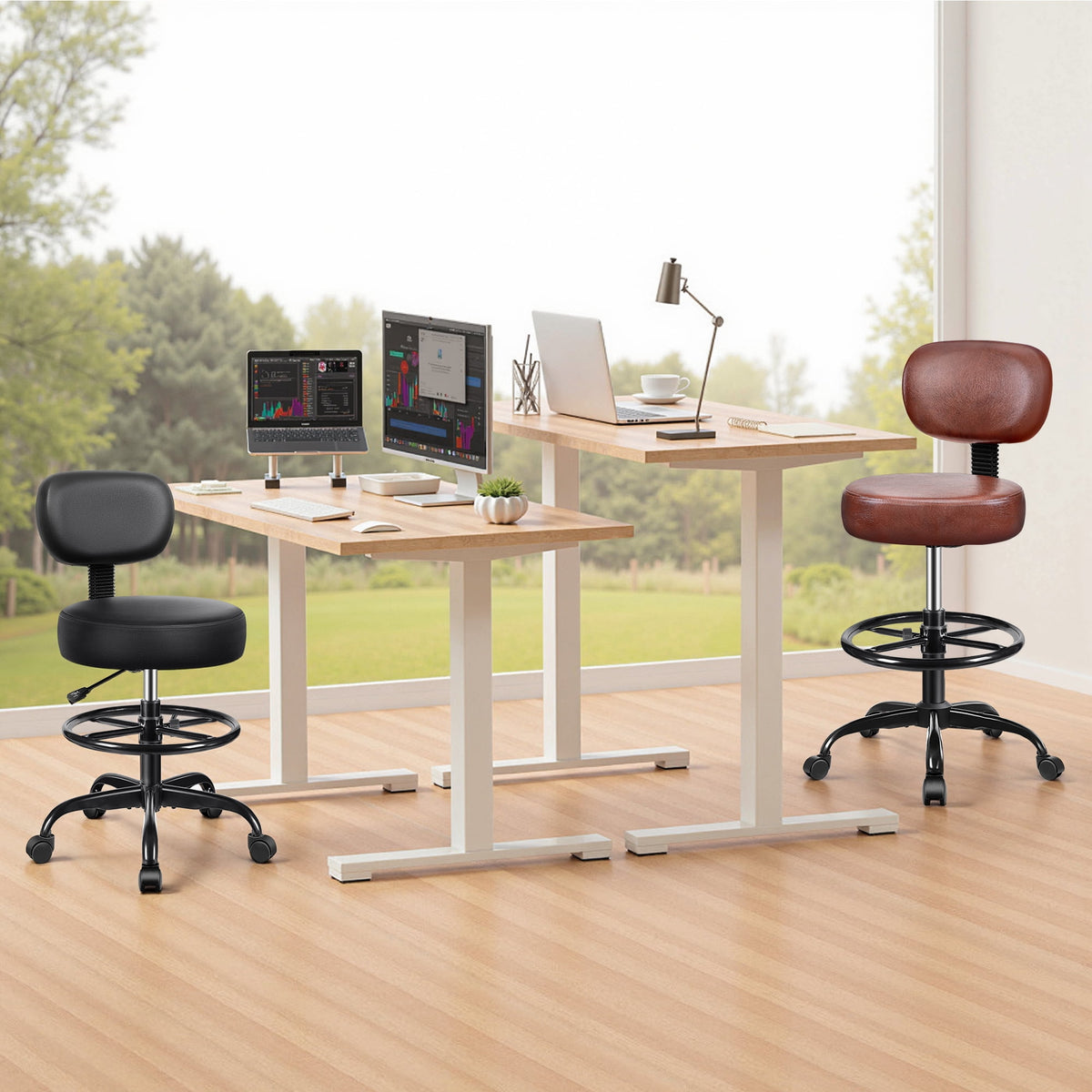 Primy Drafting Office Chair with Backrest - Adjustable Rolling Stool | Armless Office & Bar Height Chair | PU Leather with Thick Cushion | for Home, Office, Salon, Kitchen, Shop, Black