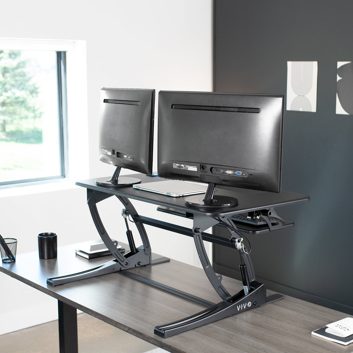 VIVO Black Height Adjustable Standing Desk Monitor Riser Tabletop Sit to Stand