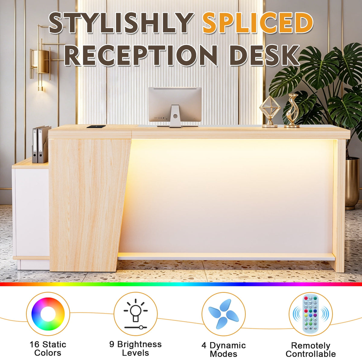 STICCIO L-Shaped Reception Desk with RGB LED Lights, 3 AC Outlets, USB-C and Combination Lock Drawer, 78 x 63 inch Front Desk for Office Lobby Salon