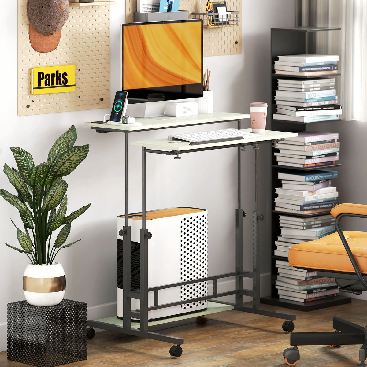 Manual Height Adjustable Standing Desk, Oak Three-Panel Tiltable Desktop Desk with Built-in Charging Station, Lockable Caster Wheels for Home Office Studio Classroom