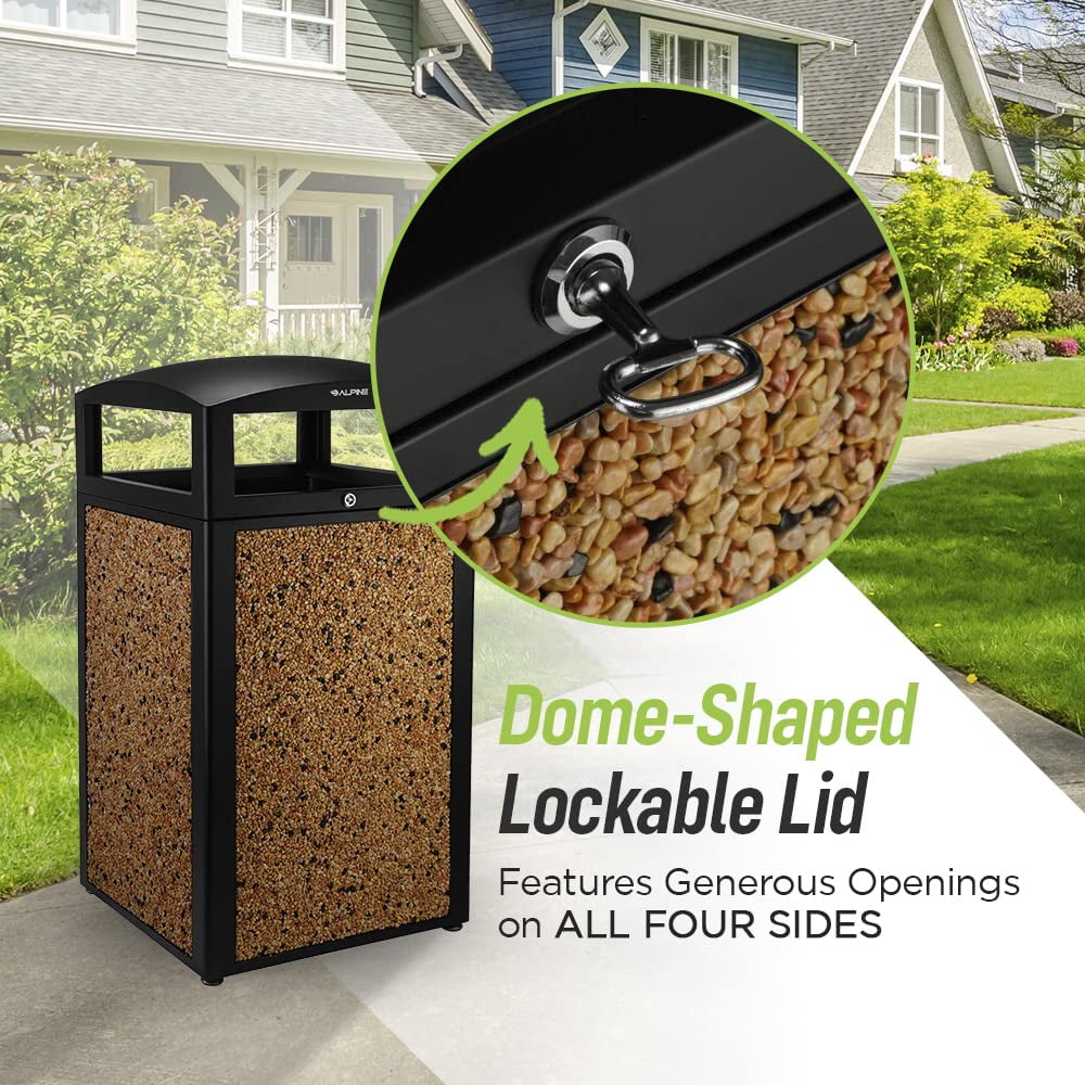 Alpine Indoor & Outdoor Commercial Trash Can with Lid - 40 Gallon Heavy Duty Metal Garbage Can with Removable Bin, Locking Lid, Perfect for Patio, Deck, Office, Mall Black, Brown Stone Panels