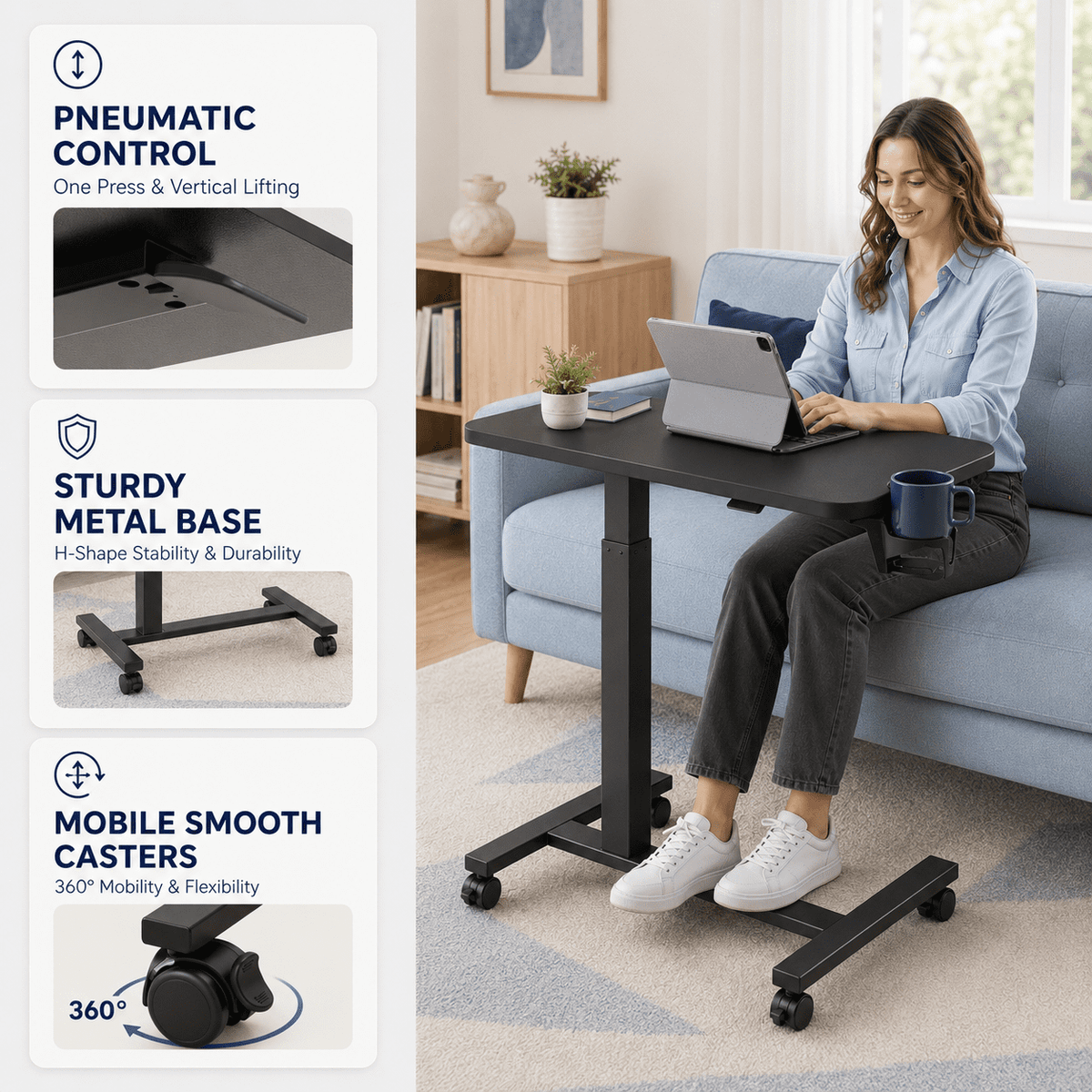 CLOUDREST PRO Mobile Standing Desk with Lockable Wheels, 32 x 18 Inch Pneumatic Adjustable Height Rolling Laptop Table, 28 to 41 Inch Portable Workstation with Cup Holder for Home Office, Black