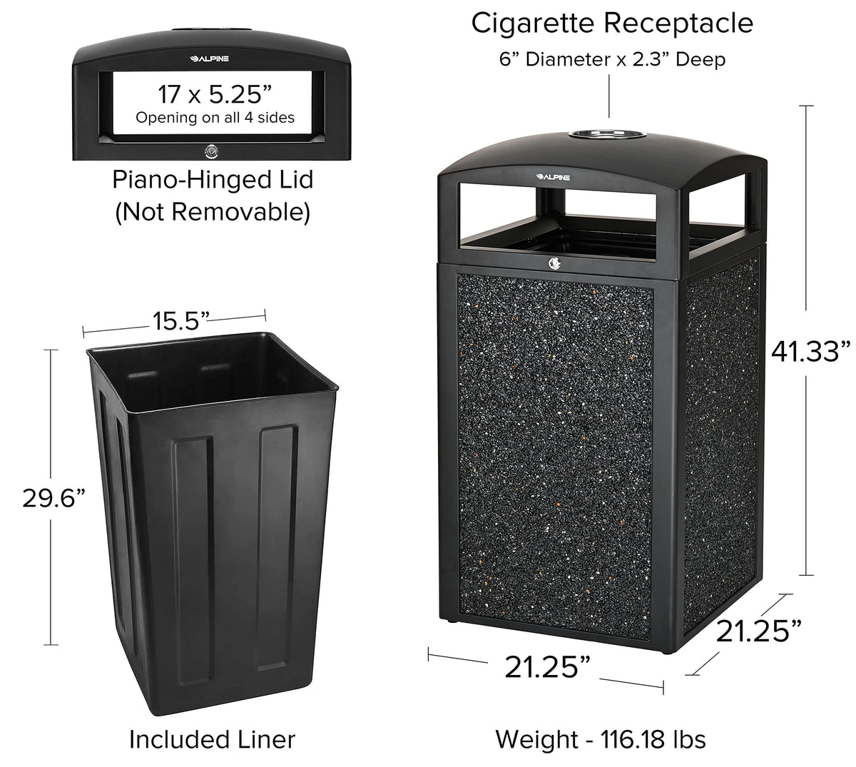 Alpine Outdoor Commercial Trash Can with Lid - 40 Gallon Heavy Duty Metal Garbage Can with Removable Bin, Locking Lid, Perfect for Patio, Pool, Deck, Mall Black, Grey Stone Panels (Tray)