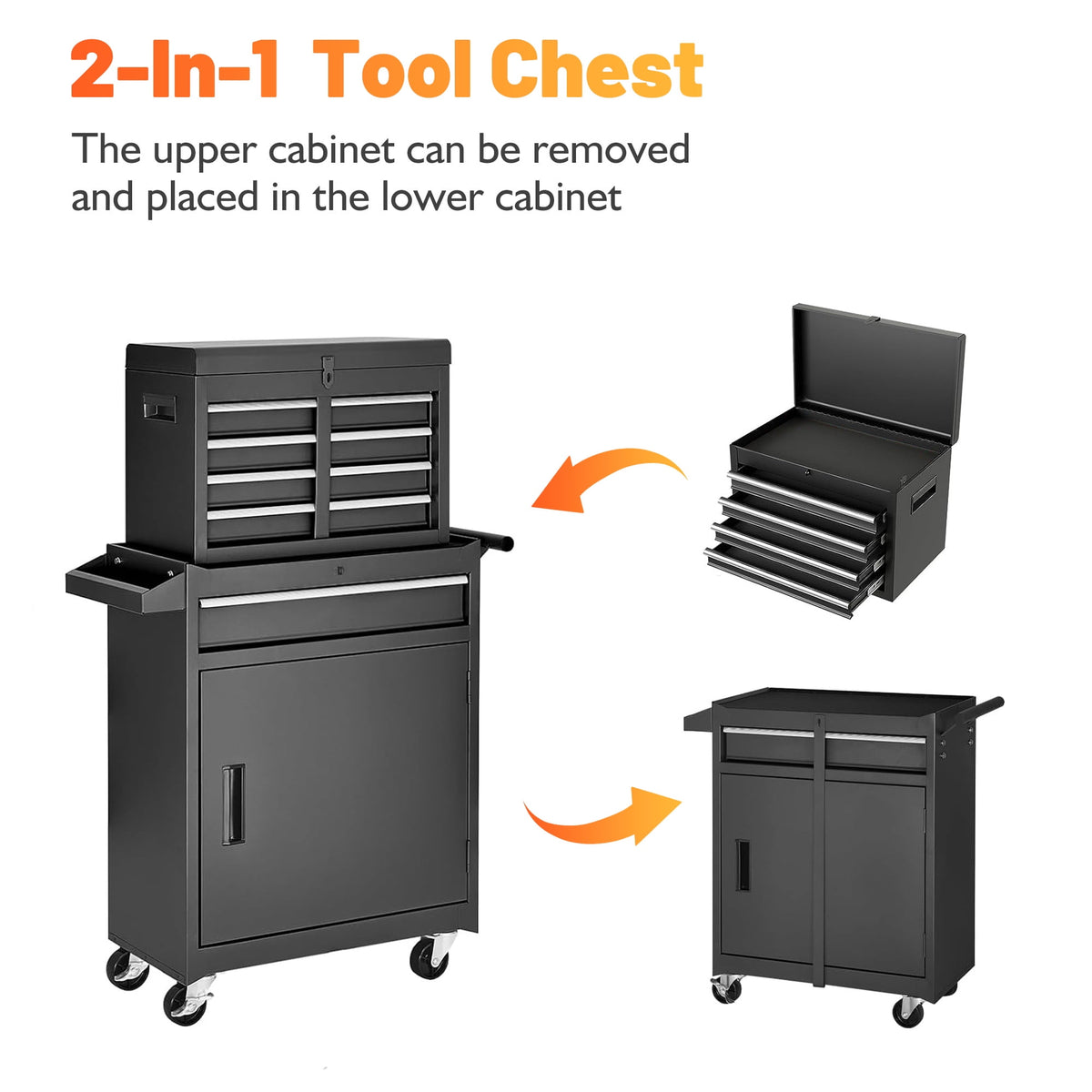 Tool Chest, 5-Drawer Rolling Tool Storage Cabinet with Detachable Top Tool Box, Universal Lockable Wheels