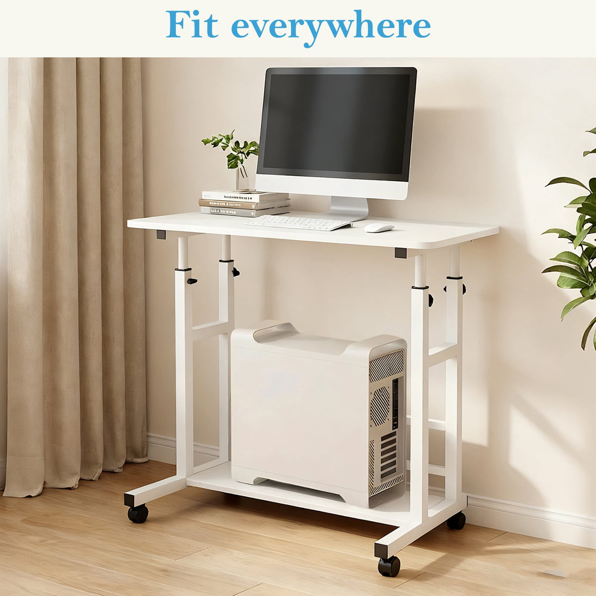 Portable Desk with Wheels Small Standing Desk on Wheels Adjustable Height Rolling Desk for Small Spaces 32 Inch Computer Desk with Storage Shelves for Home Office Study White