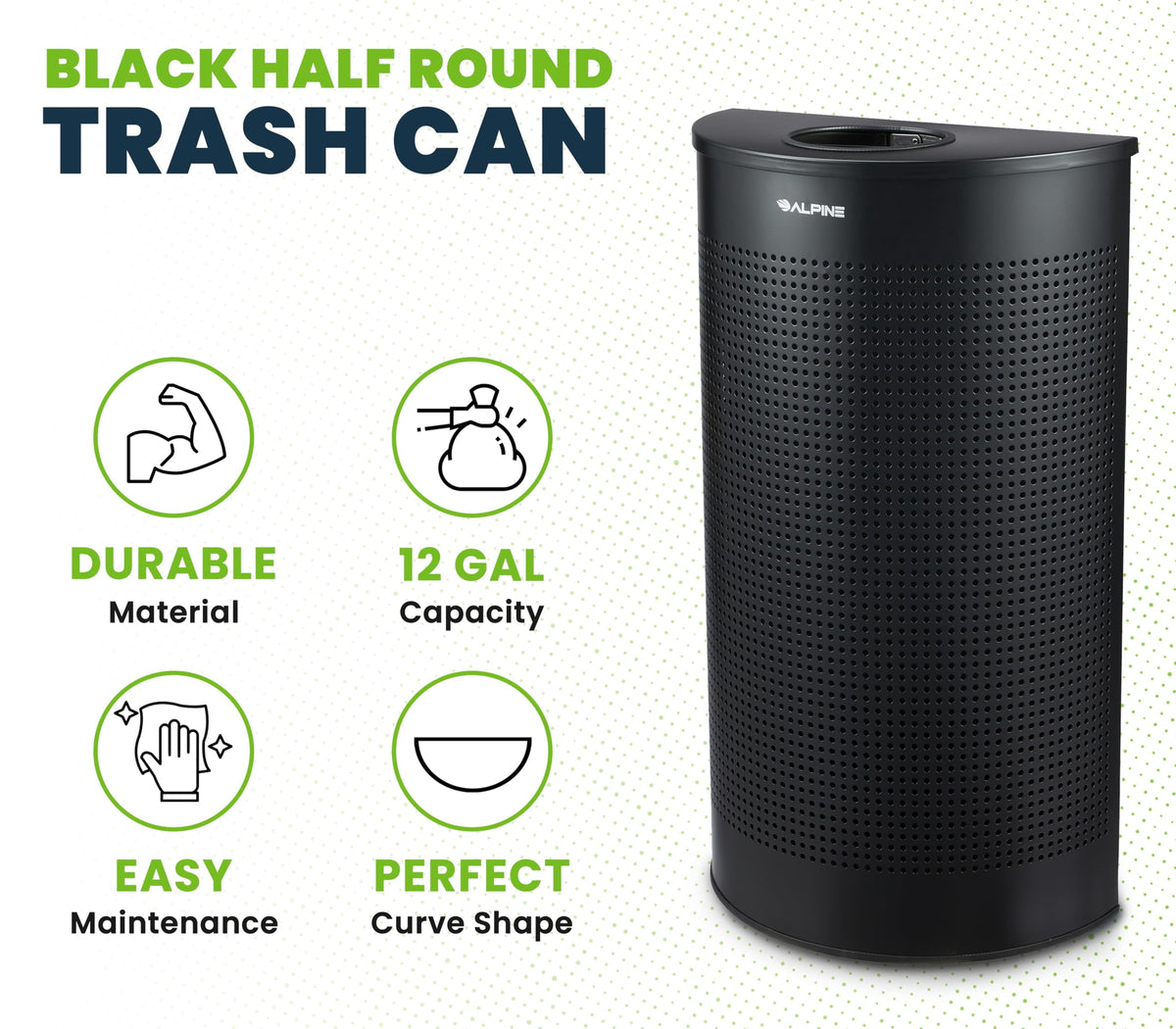 Alpine Half Round Trash Can Open Top - Modern Black Metal 12 Gallon Trash Can, Space Saving Indoor Commercial Trash Can, Perfect for Bathroom, Office, Lobby and Business.