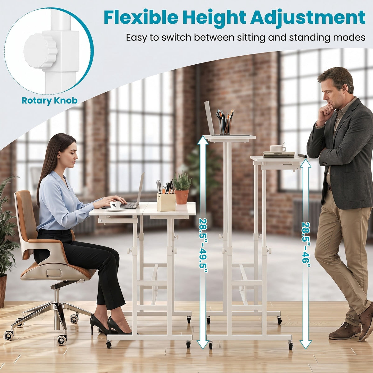 Furnibear Mobile Standing Desk Height Adjustable Computer Workstation with 2 Tilting Desktops, Rolling Sit Stand Desk with Charging Station, USB & Type-C Ports, White
