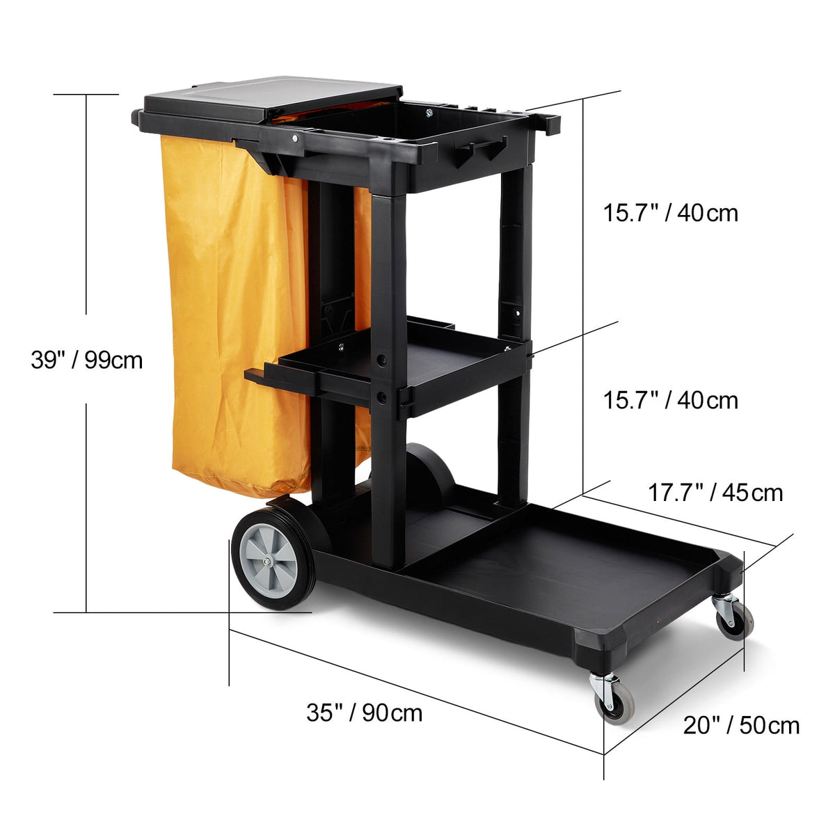 VEVOR Commercial Janitorial Janitor Cart 3-Shelf 200 lbs Janitorial Trolley Cleaning Cart with 25 Gallons PVC Bag and Cover for Housekeeping