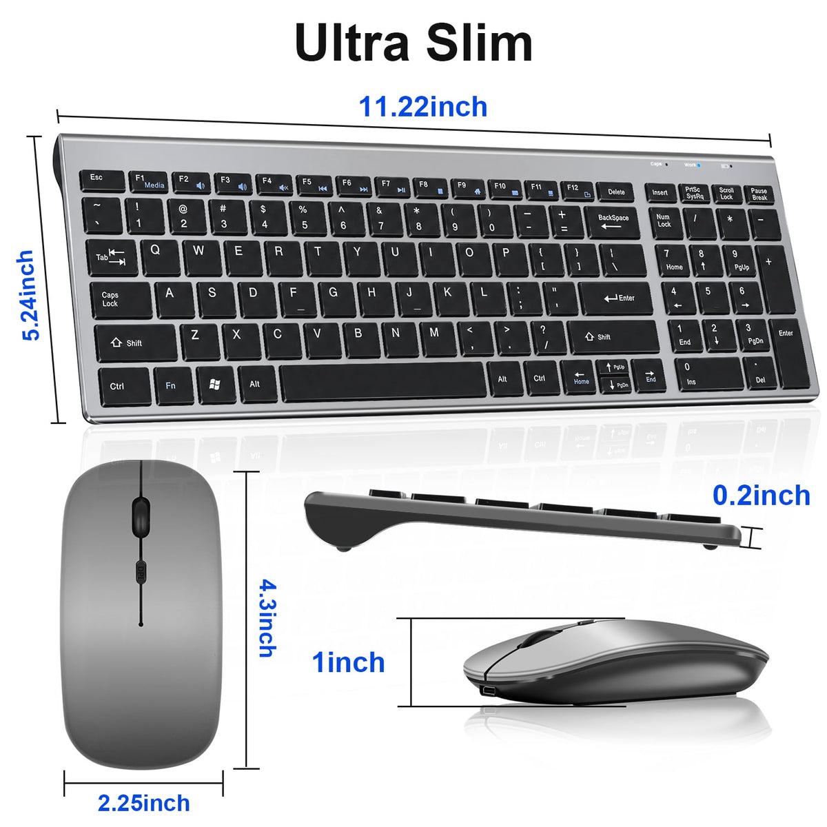 SANPTENT Slim Wireless Keyboard and Mouse Combo, Sleek Design, Rechargeable, Sleep Mode for Windows, Mac, Laptop, Space Gray