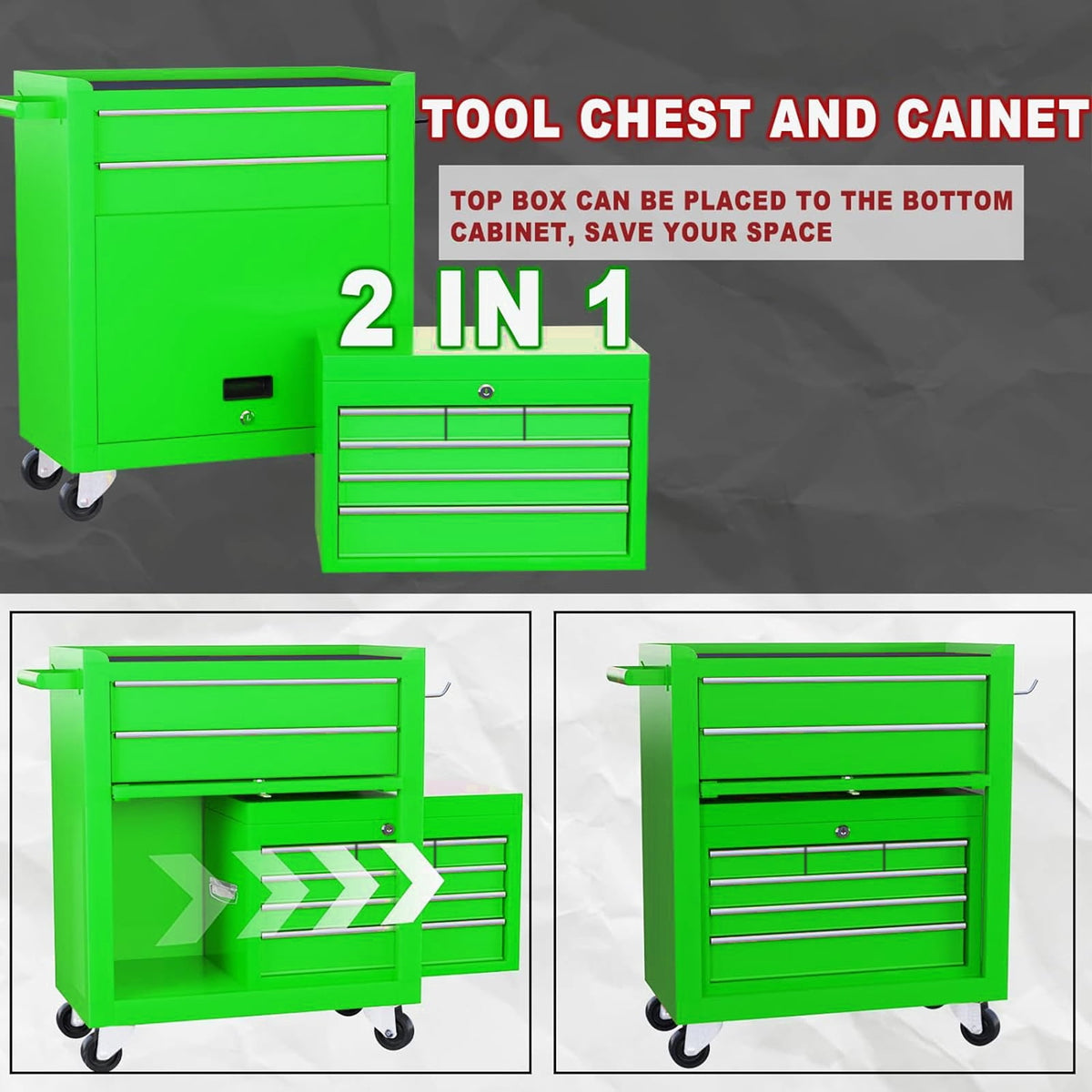Artbros 8-Drawer Rolling Tool Chest, Large Tool Cabinet with Wheels, Detachable Toolbox Storage for Garage, Repair Shop, Workshop, Green