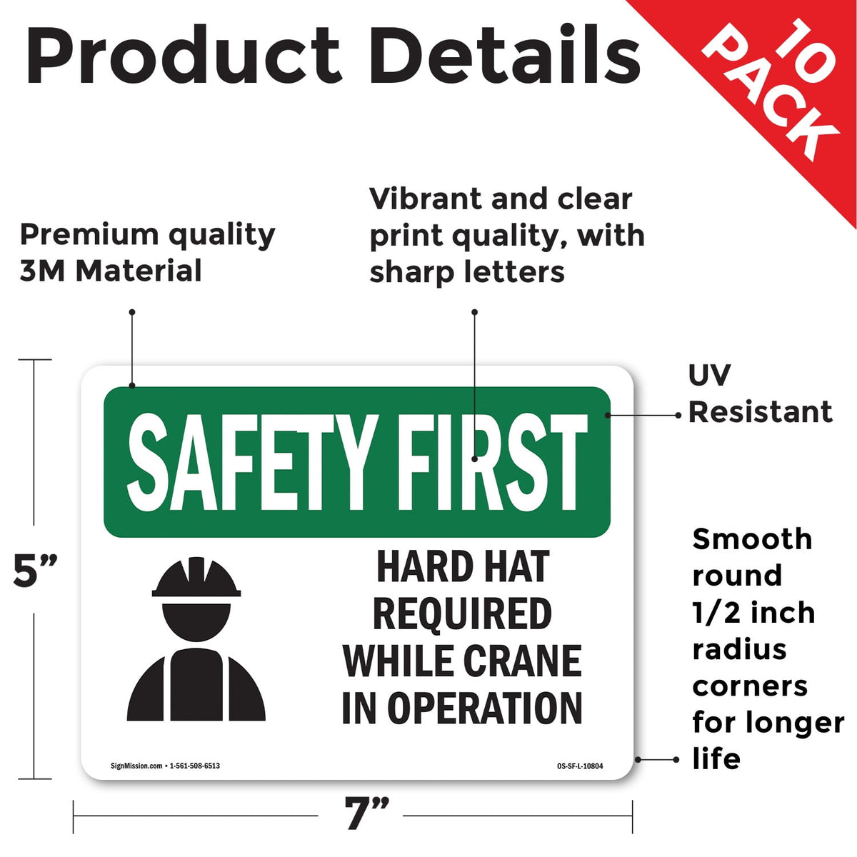 Hard Hat Required Crane Operation OSHA SAFETY FIRST Vinyl Decal Label 7 Inch x 5 Inch - 10 Pack