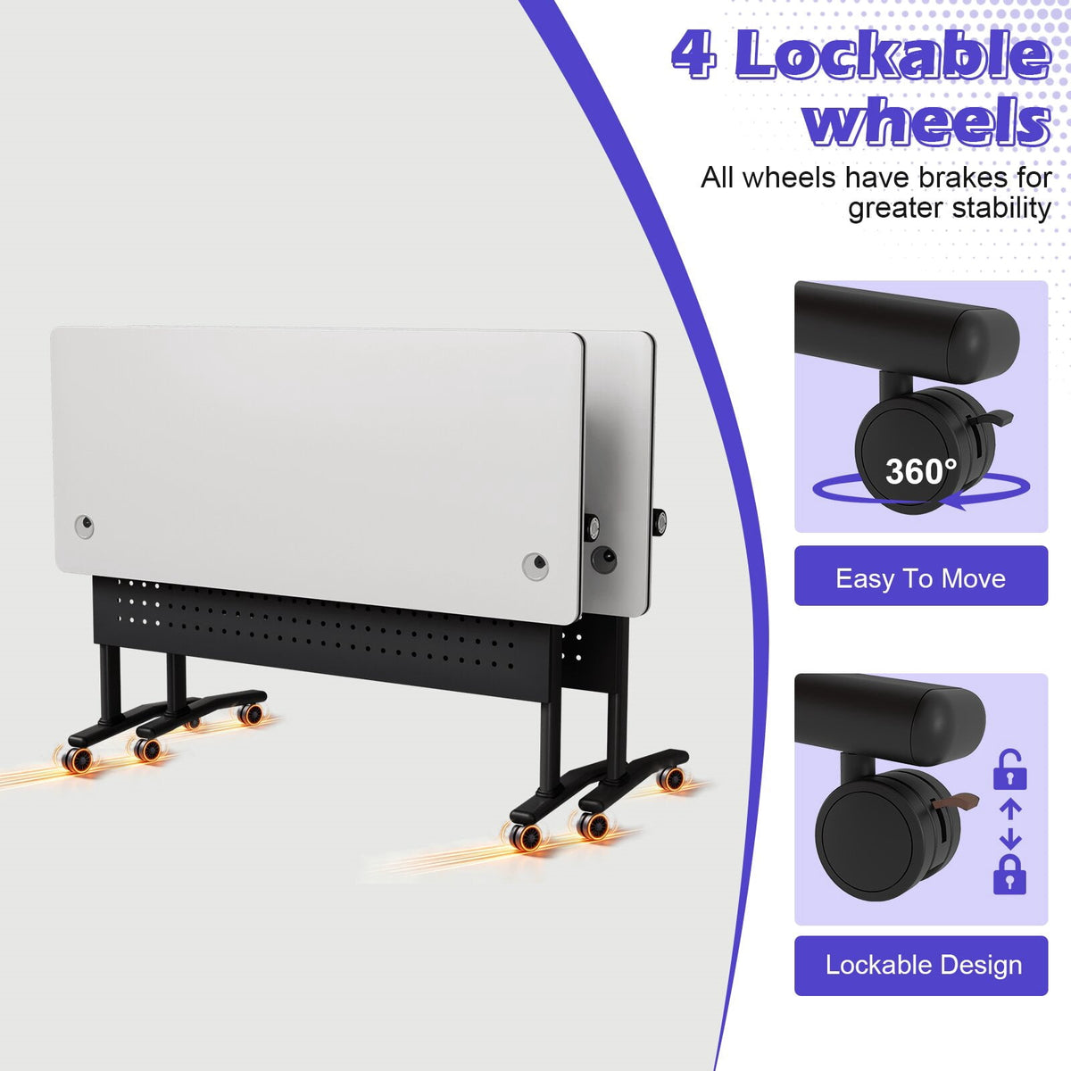Lrxmastery Folding Conference Table, Commercial Training Desk with Lockable Casters, Sturdy Steel Frame for Classroom & Meeting Room, 4Pack