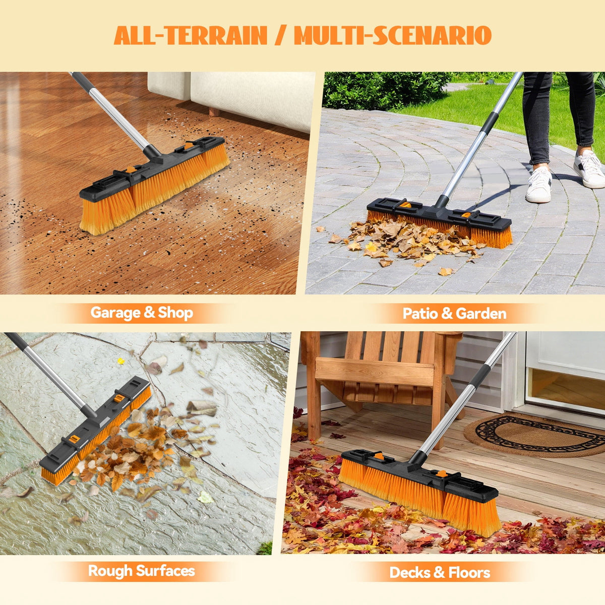 Nicecastle Push Broom Brush for Floor Cleaning with 60” Long Handle and Stiff Bristles,Adjustable brush head length, Heavy Duty Broom for Courtyard Garage,shop,outdoor broom(Orange)