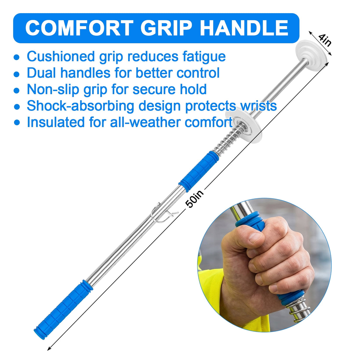 Gamexcel Stretch Wrap Dispenser with 50 in Long Handle, Pallet Wrap Film Holder for 6-20 in Rolls and 2-3 in Cores, No-Bend Stretch Film Pole, Blue