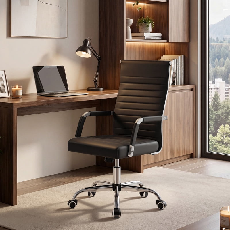 Lacoo Mid-Back Faux Leather Office Desk Chair Executive Conference Task Chair with Arms, Black