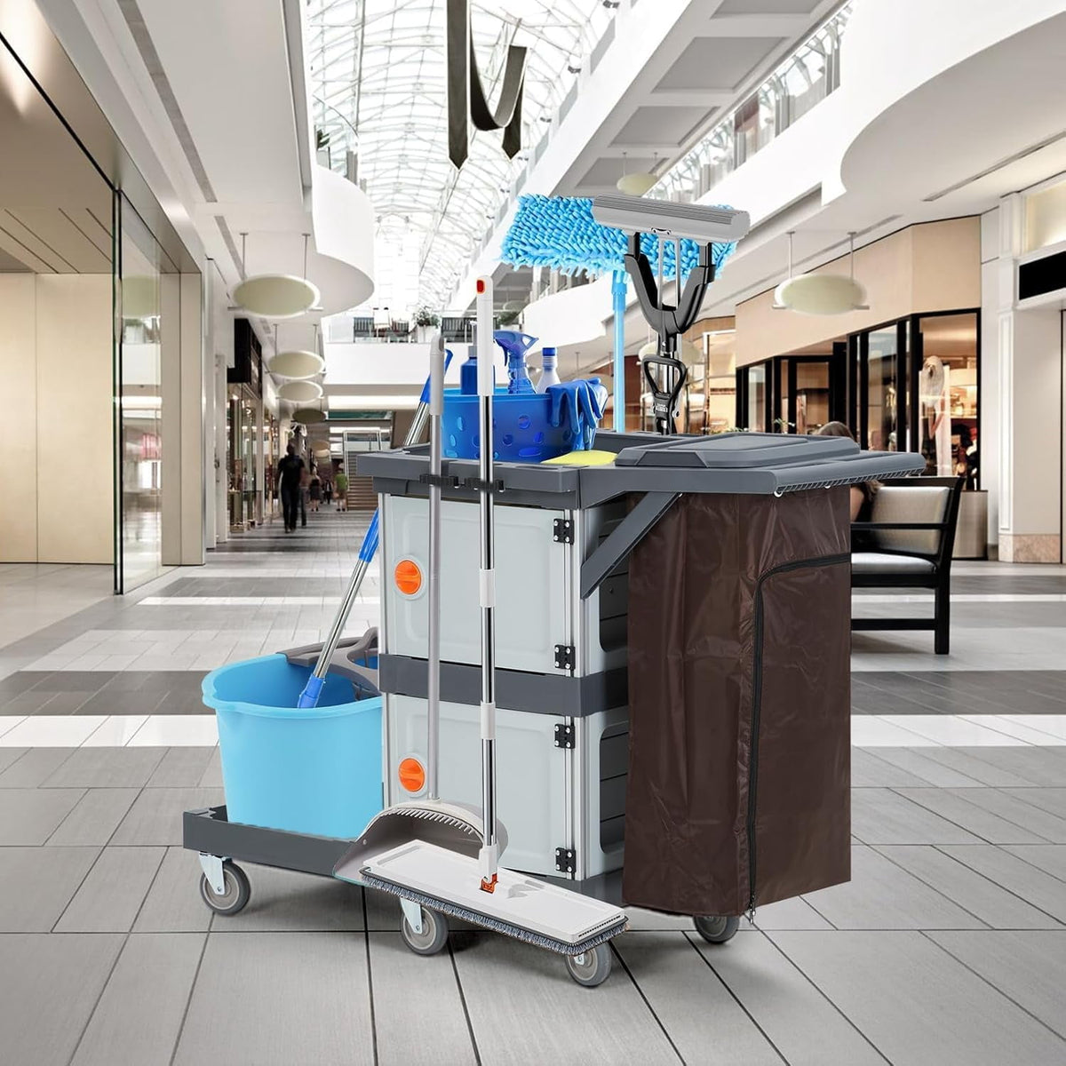 IdeaHouse Janitorial Cart with 2 Cabinets, 3-Shelf Commercial Cleaning Cart on Wheels with Cover & Vinyl Bag, Silent Casters, Heavy-Duty Housekeeping & Custodial Utility Cart