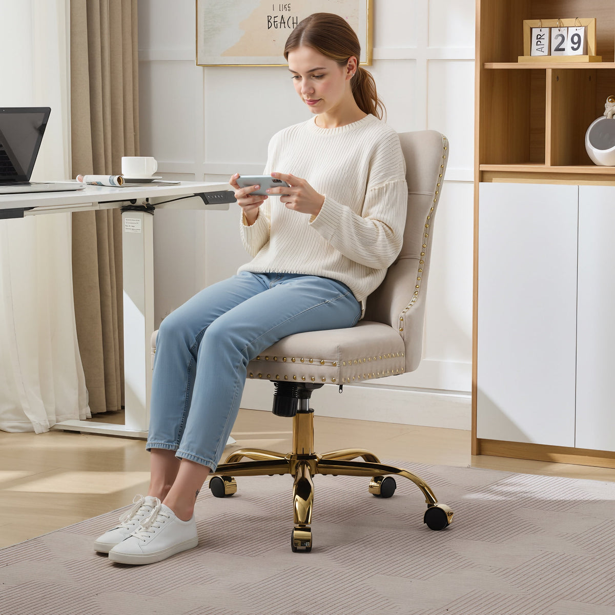 PAPROOS Vanity Chair, Swivel Home Office Chair, Ergonomic Home Desk Chair with Golden Metal Base, Adjustable Height, Velvet Upholstered Tufted Button Task Chair, Beige