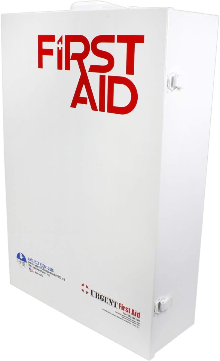 OSHA & ANSI 4 Shelf Industrial First Aid Cabinet with Pocket Liner, 150 Person, 1125 Pieces, 2015 Class B+, Types I & II, Made in USA by Urgent First Aid™ with extra content & NEW ANSI First Aid Guide